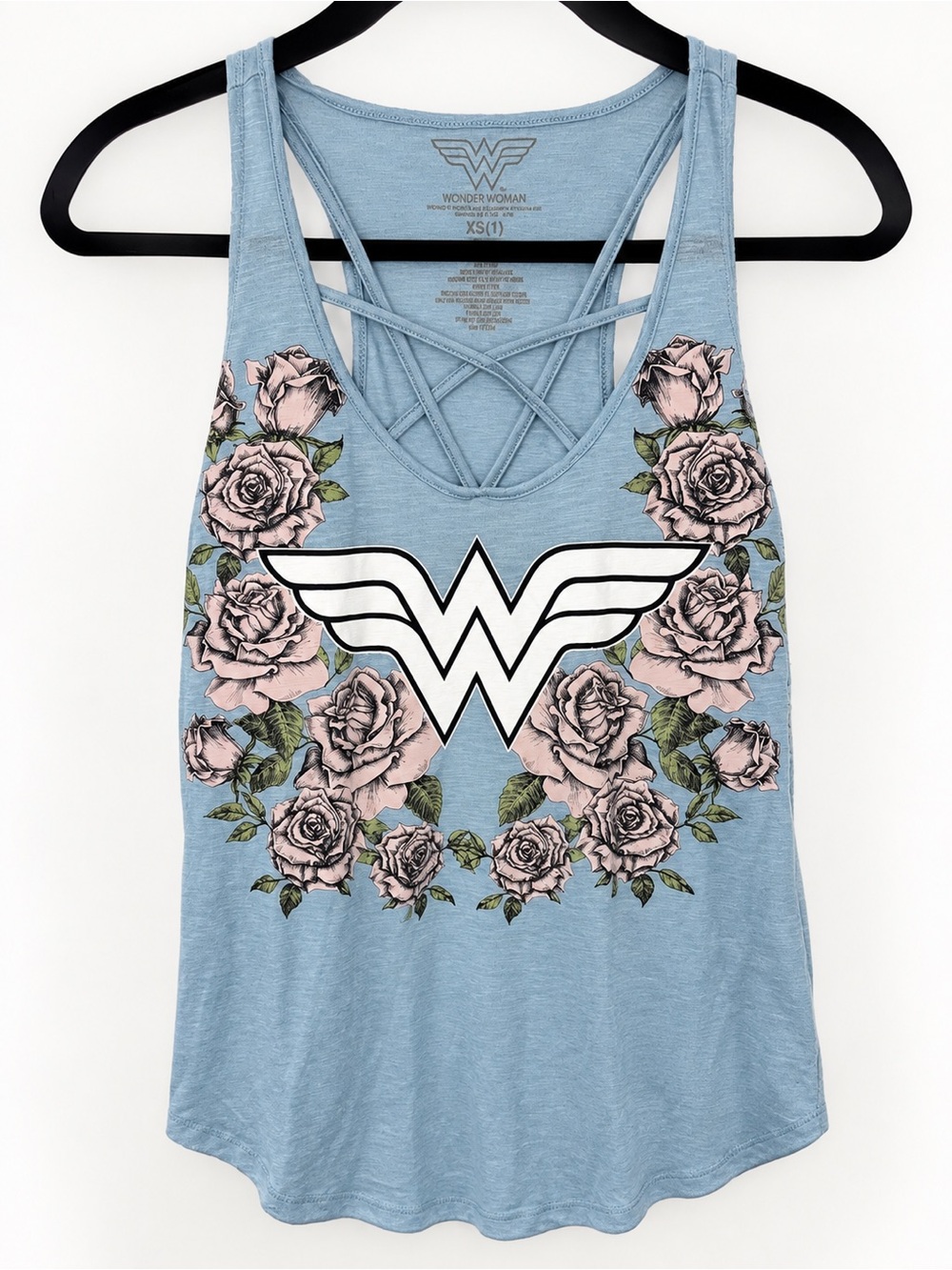 Wonder Woman Blue Floral Graphic Strappy Racerback Tank Top Lightweight XS